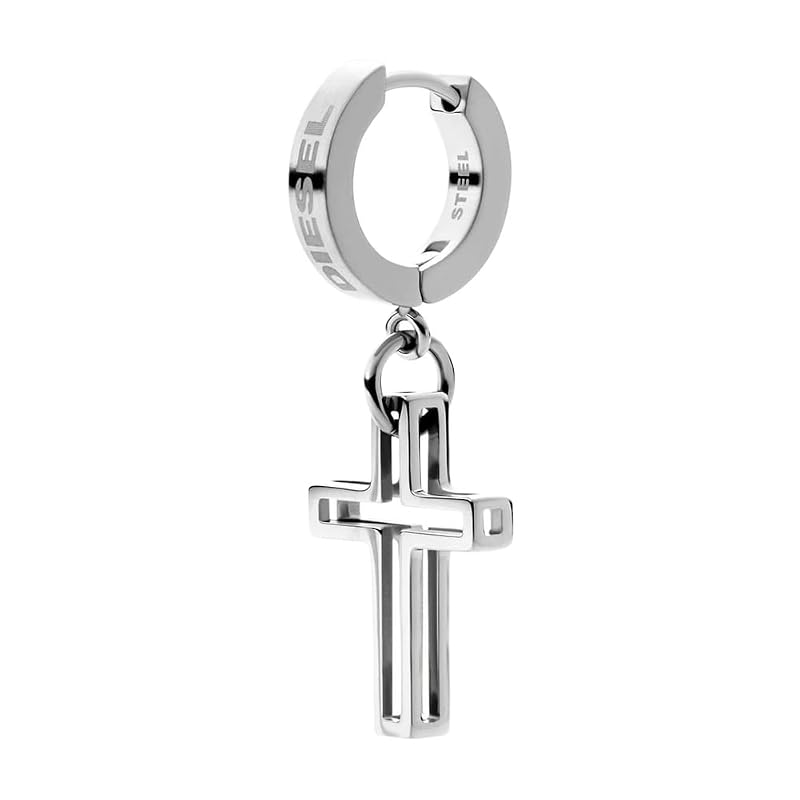 Diesel メンズ ステンレススチール イヤリング フープクラスプ付き、長さ34.9mm x 幅12.5mm x 高さ3.4mm、ステンレススチールキュービックジルコニア、宝石なし, L 34.9MM x W 12.5MM x H 3.4MM, ステンレススチールキュービックジルコニア。, 宝石なし, シルバー, DX1333040