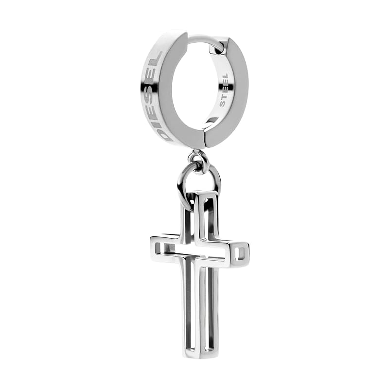 Diesel メンズ ステンレススチール イヤリング フープクラスプ付き、長さ34.9mm x 幅12.5mm x 高さ3.4mm、ステンレススチールキュービックジルコニア、宝石なし, L 34.9MM x W 12.5MM x H 3.4MM, ステンレススチールキュービックジルコニア。, 宝石なし, シルバー, DX1333040