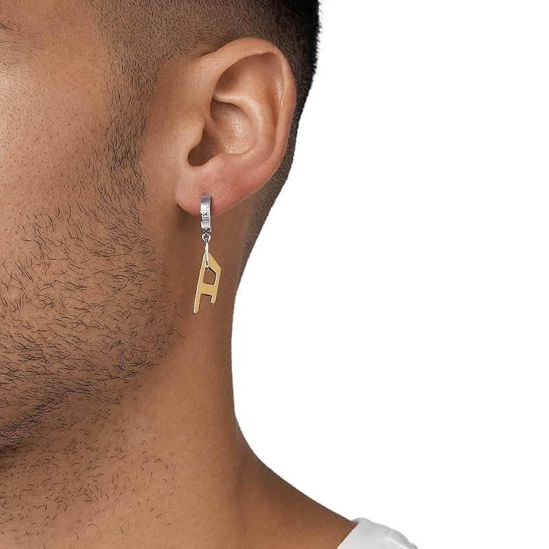 ディーゼルフープイヤリング、メンズ、ツートンカラーのステンレススチールイヤリング。, 長さ:13.3mm、幅:3mm、高さ:13.3mm, ステンレス鋼, ジェムストーンなし