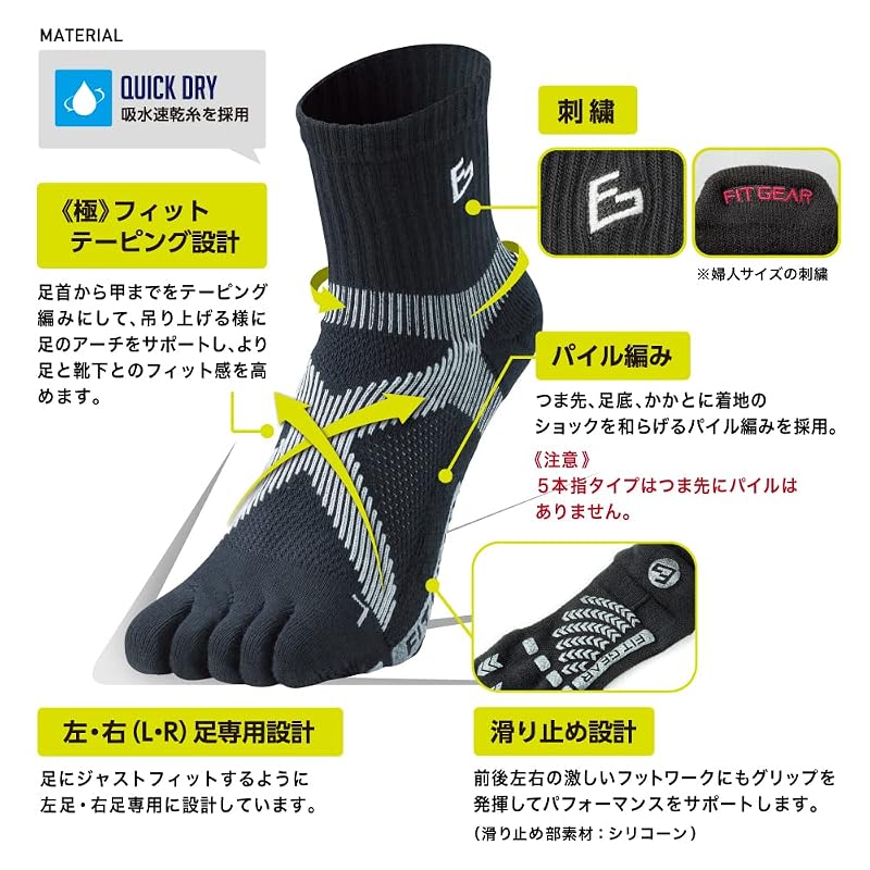 [MIKASA] FIT GEAR テニス・バドミントン専用ソックス 《極》フィット (5本指ブラック)