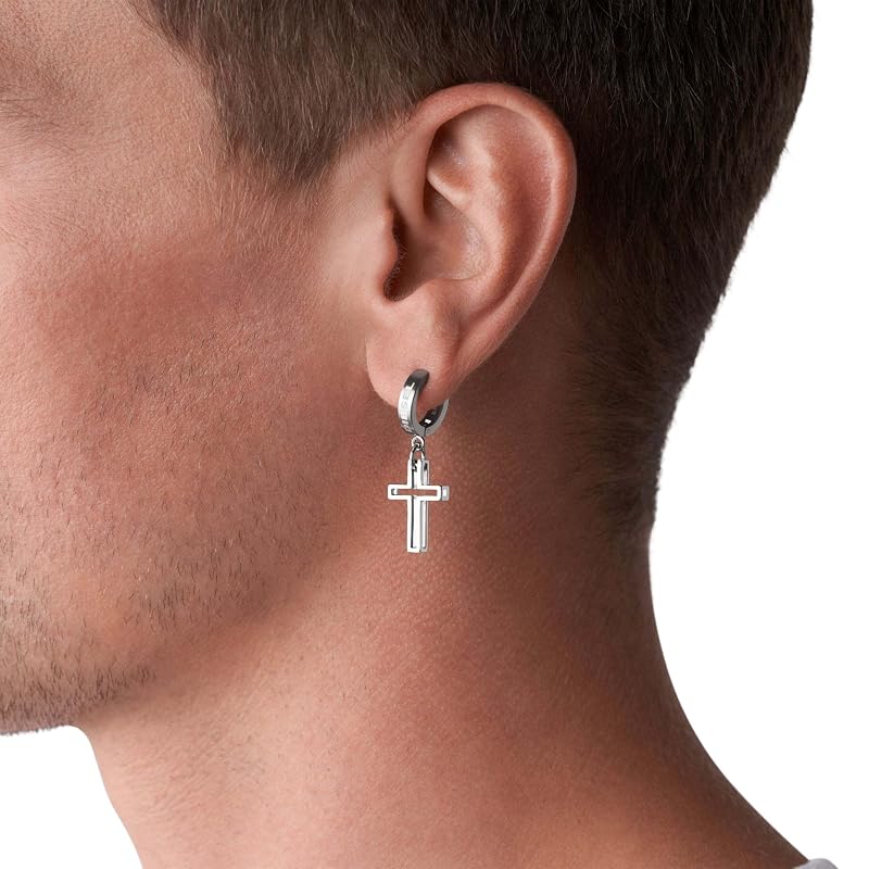 Diesel メンズ ステンレススチール イヤリング フープクラスプ付き、長さ34.9mm x 幅12.5mm x 高さ3.4mm、ステンレススチールキュービックジルコニア、宝石なし, L 34.9MM x W 12.5MM x H 3.4MM, ステンレススチールキュービックジルコニア。, 宝石なし, シルバー, DX1333040